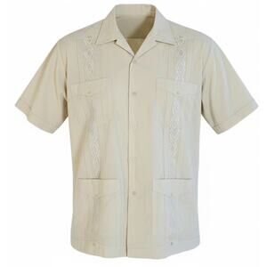 Men’s XL Guayabera Shirt Beige Cuban Mexican Wedding 4 Pocket Short Sleeve